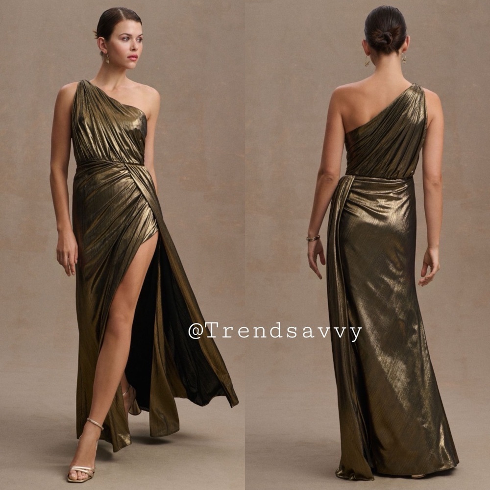Anthropologie Mac Duggal One Shoulder Metallic Gown Gold Maxi Dress Size 10 NWT